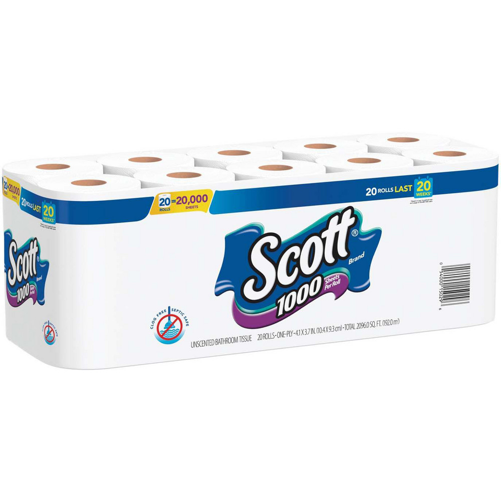 Scott 1000 Bathroom Tissue, Septic Safe, 1-Ply, White, 1,000 Sheet/Roll, 20/Pack - KCM20032PK