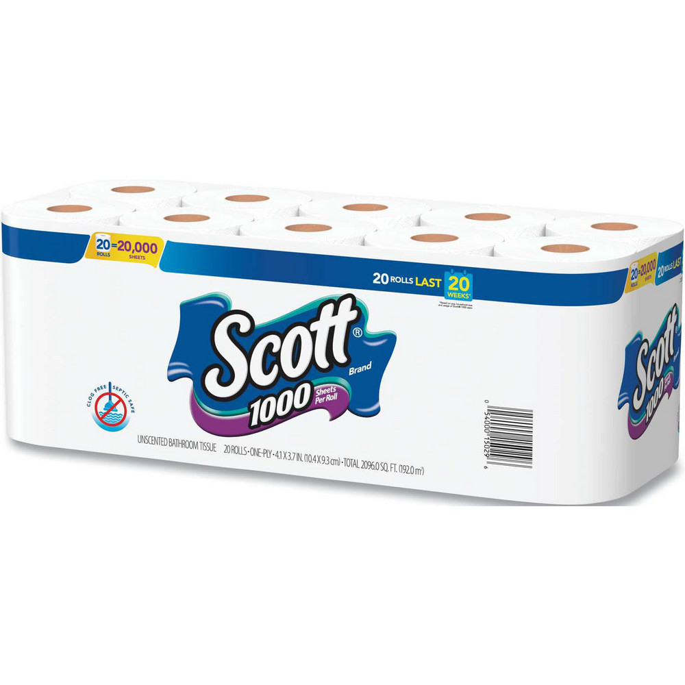 Scott 1000 Bathroom Tissue, Septic Safe, 1-Ply, White, 1,000 Sheet/Roll, 20/Pack - KCM20032PK