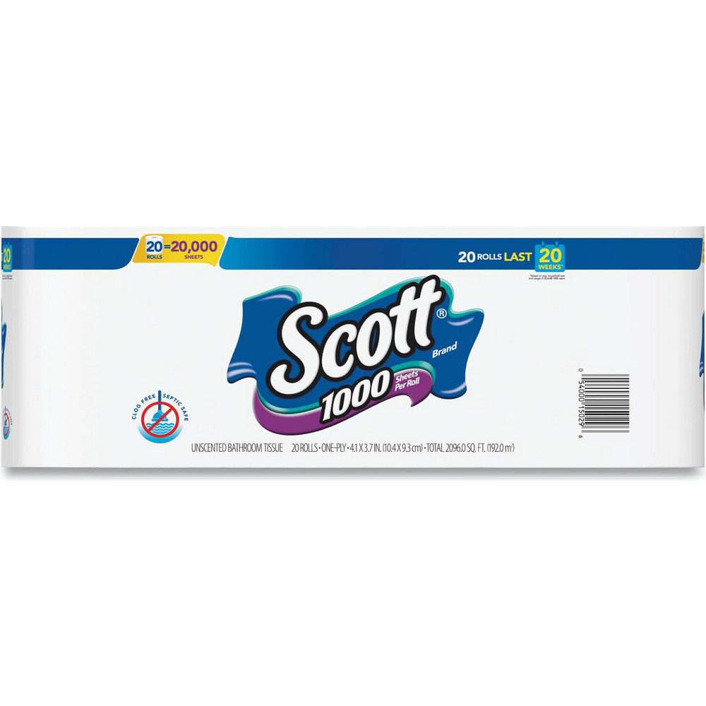 Scott 1000 Bathroom Tissue, Septic Safe, 1-Ply, White, 1,000 Sheet/Roll, 20/Pack - KCM20032PK