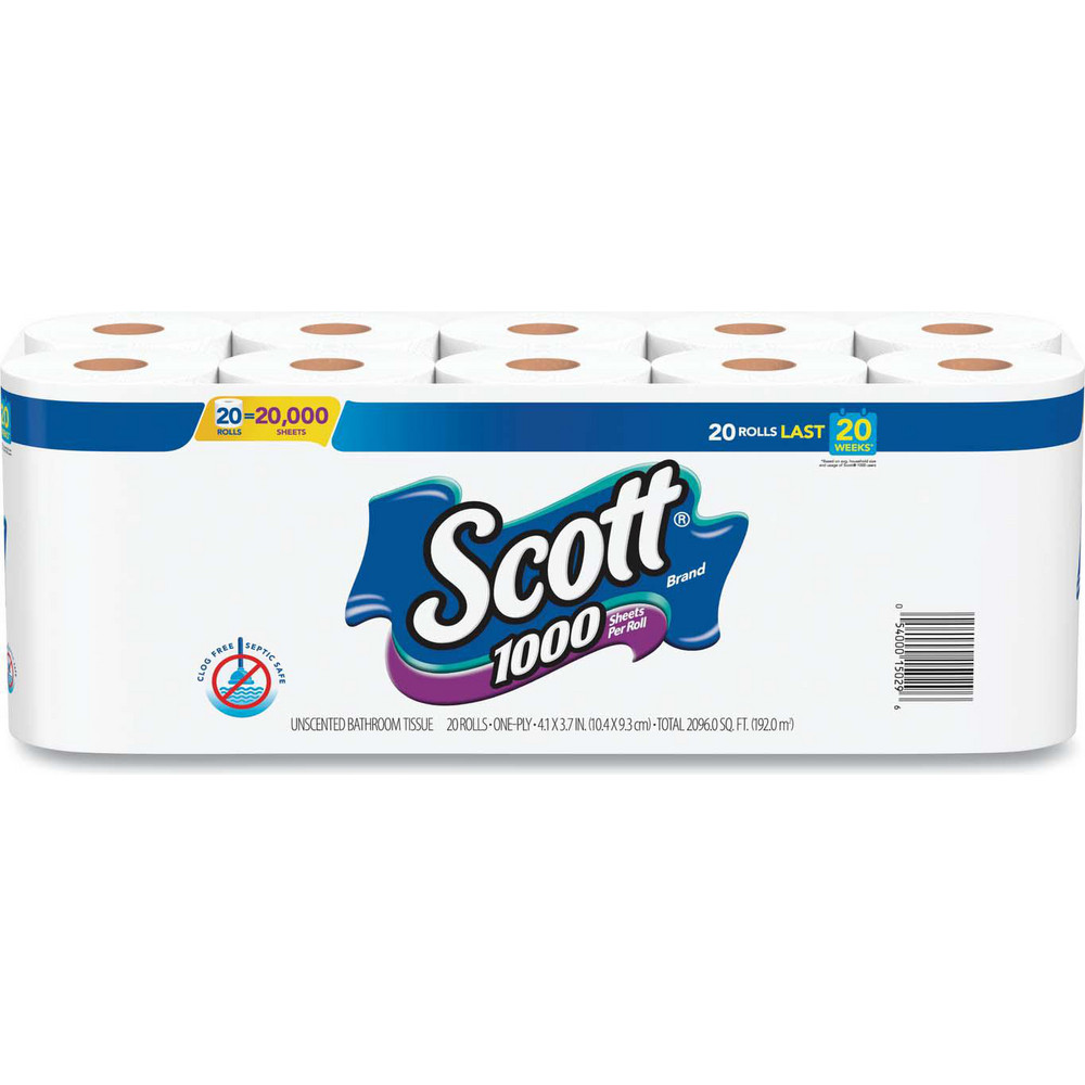 Scott 1000 Bathroom Tissue, Septic Safe, 1-Ply, White, 1,000 Sheet/Roll, 20/Pack - KCM20032PK