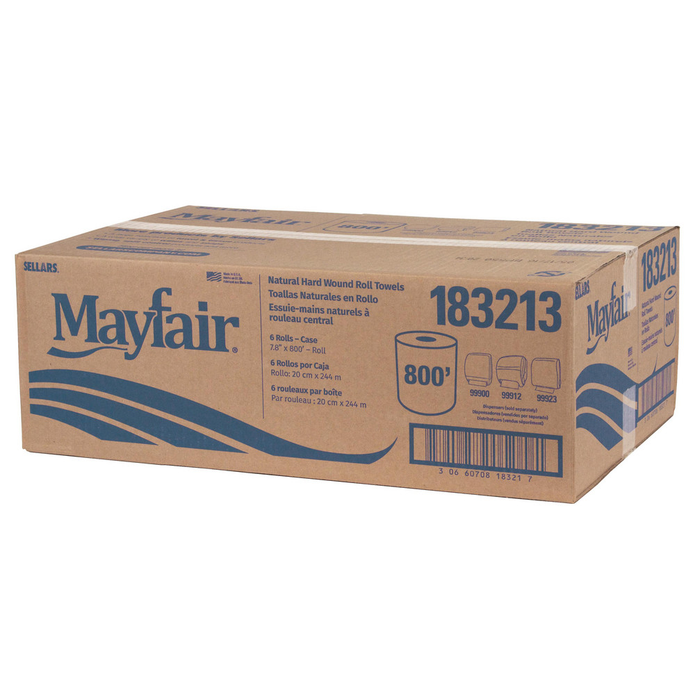 Sellars MAYFAIR Hard Roll Paper Towels: Dry, 800 Ft/Roll, Hardwound Roll Towel, 7.8" x 800', Natural - 183213