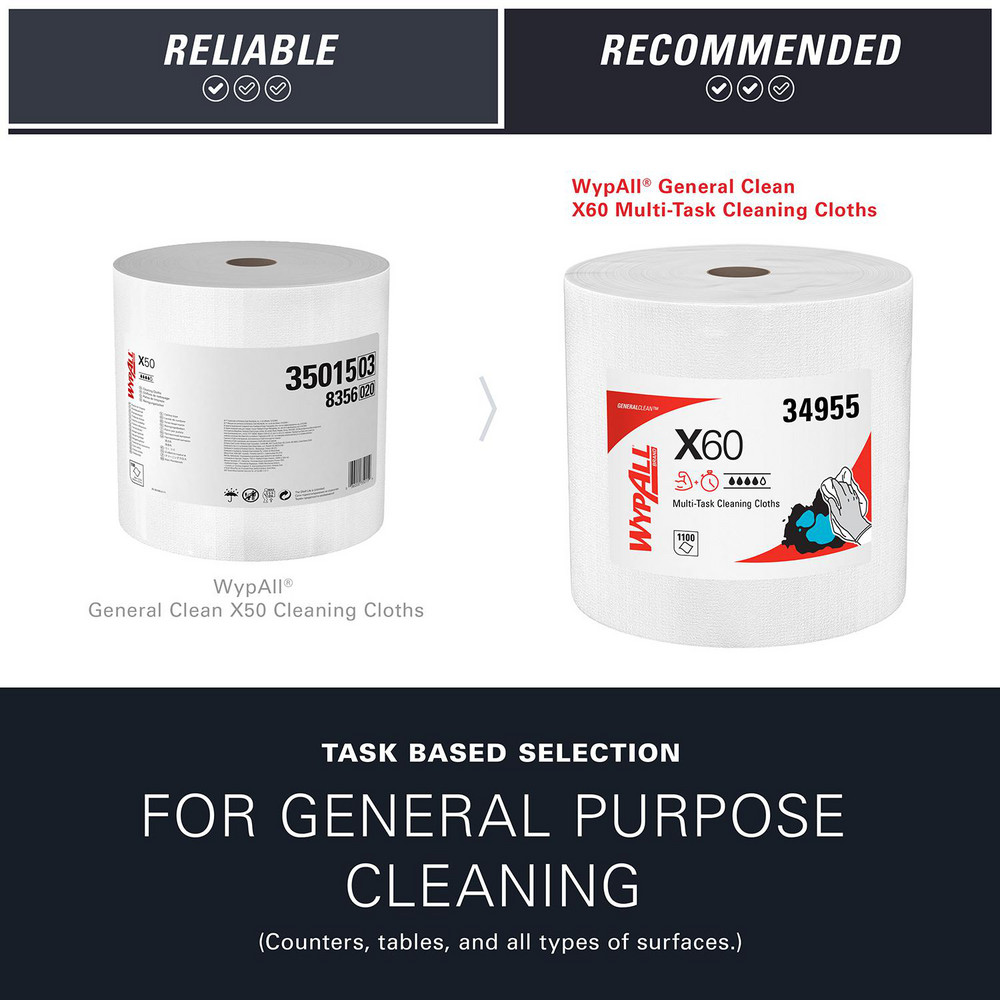 WypAll GeneralClean X60 Multi-Task Cleaning Cloths, Jumbo Roll, Strong & Absorbent Towels, White - 34955