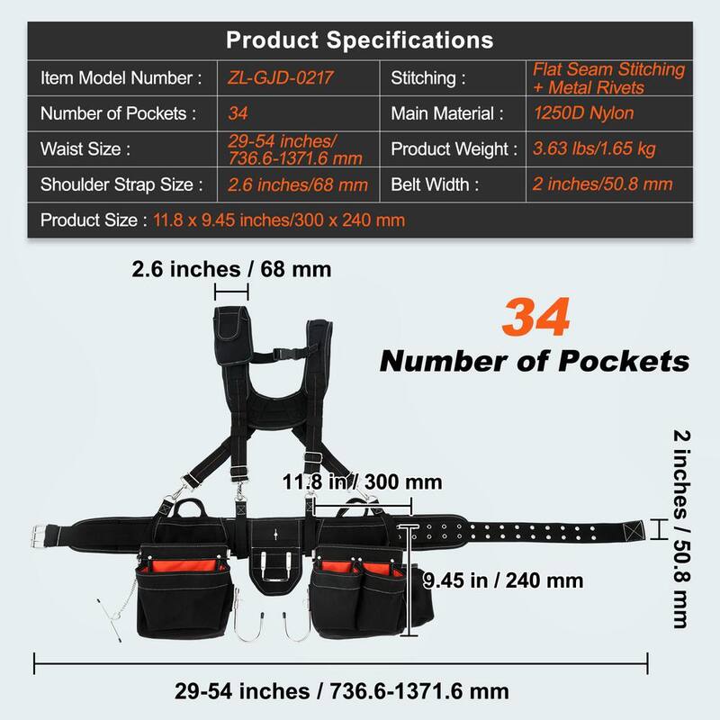 VEVOR Tool Belt with Suspenders 34-Pockets 1250D Nylon Heavy-Duty Carpenter Tool Pouch with 29-54 in. Adjustable Waist Size - GJDDNLCGK0006JFN4V0