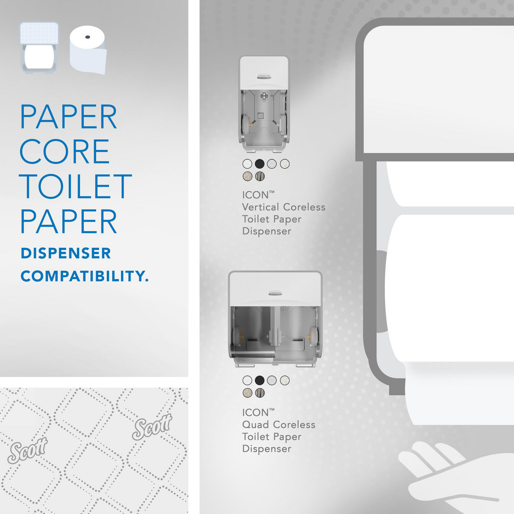 Scott Pro Paper Core High-Capacity Standard Roll Toilet Paper with Elevated Design, 2-Ply, White - 47305