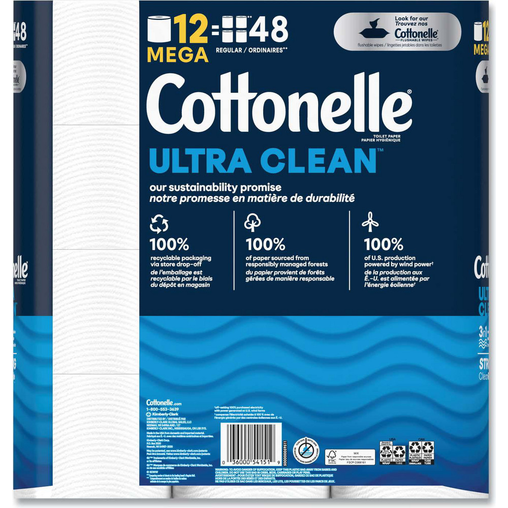 Cottonelle Ultra CleanCare Toilet Paper, Strong Tissue, Mega Rolls, Septic Safe, 1-Ply, White, 284 Sheets/Roll, 12 Rolls/Pack, 4 Packs/Carton - KCM55489