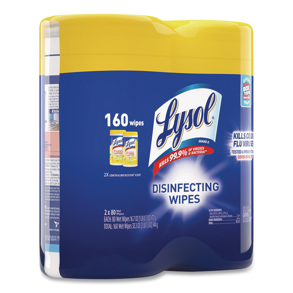 Lysol Disinfecting Wipes, 1-Ply, 7 x 7.25, Lemon and Lime Blossom, White, 80 Wipes/Canister, 2 Canisters/Pack - RAC80296PK