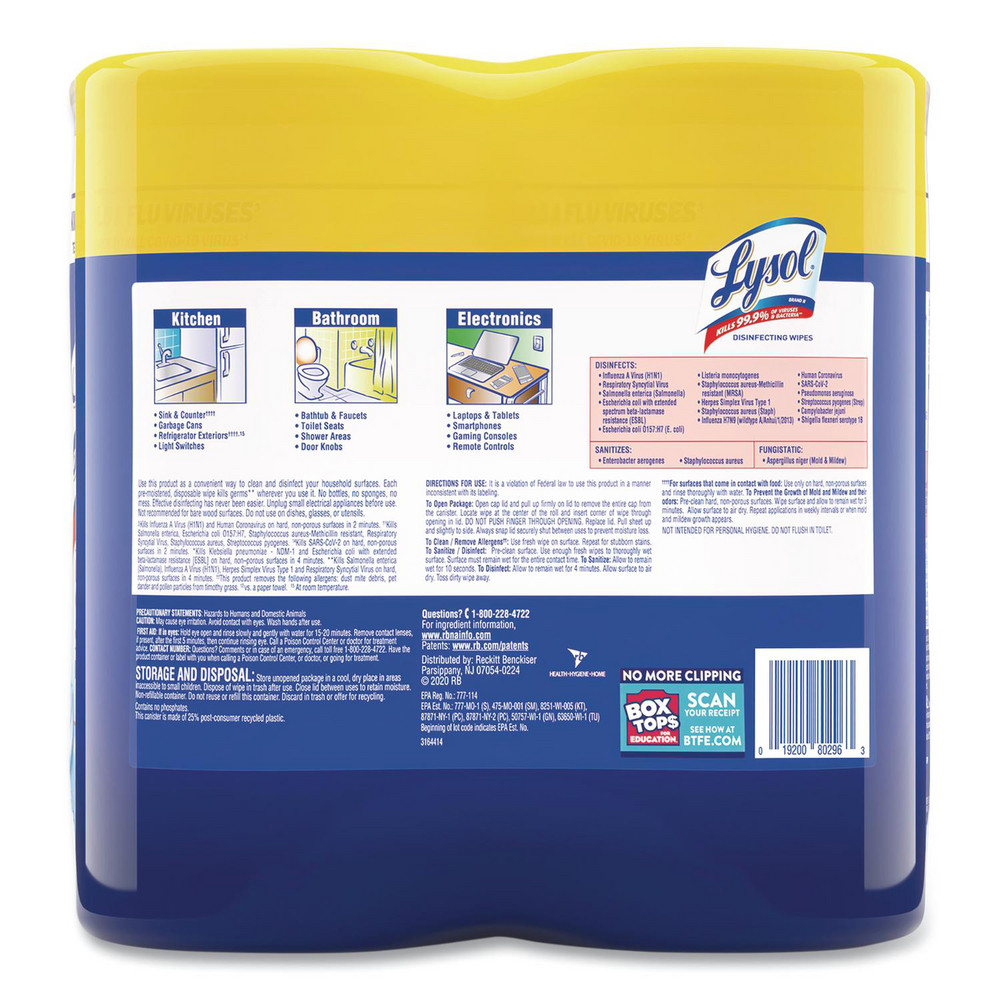 Lysol Disinfecting Wipes, 1-Ply, 7 x 7.25, Lemon and Lime Blossom, White, 80 Wipes/Canister, 2 Canisters/Pack - RAC80296PK