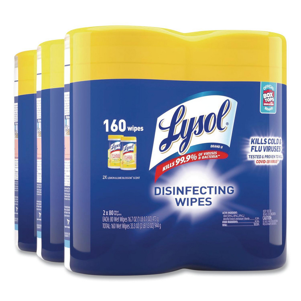 Lysol Disinfecting Wipes, 1-Ply, 7 x 7.25, Lemon and Lime Blossom, White, 80 Wipes/Canister, 2 Canisters/Pack - RAC80296PK