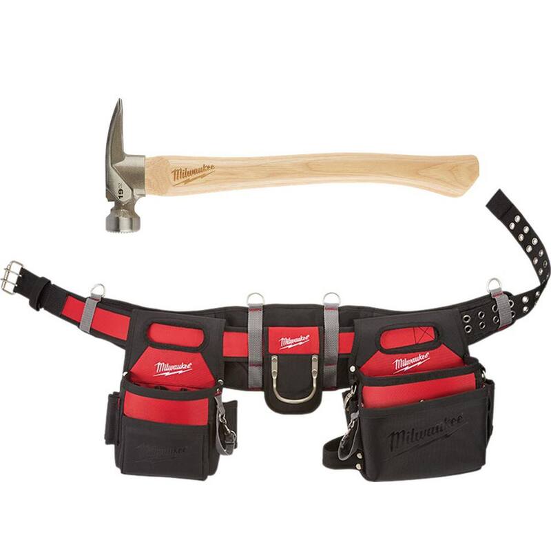Milwaukee Adjustable Electricians Work Waist Tool Belt with 19 oz. Hickory Framing Hammer - 48-22-8110-48-22-9419