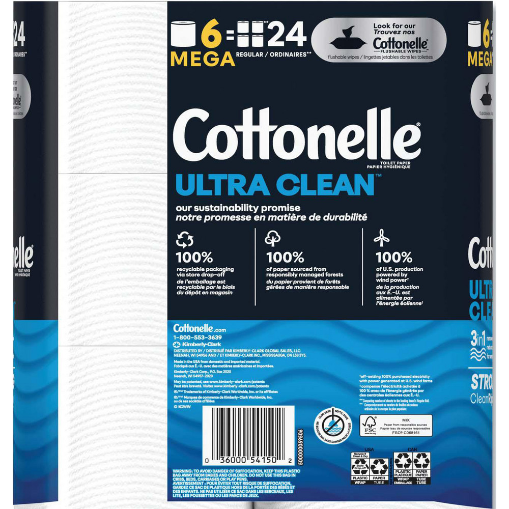 Cottonelle Ultra CleanCare Toilet Paper, Strong Tissue, Mega Rolls, Septic Safe, 1-Ply, White, 284 Sheets/Roll, 6 Rolls/Pack, 6 Packs/Carton - KCM55699