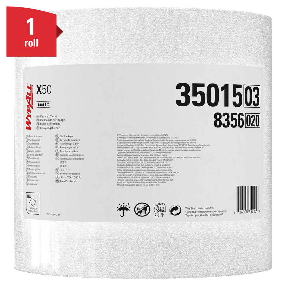 WypAll GeneralClean X50 Cleaning Cloths, Jumbo Roll, Strong for Extended Use, White - 35015