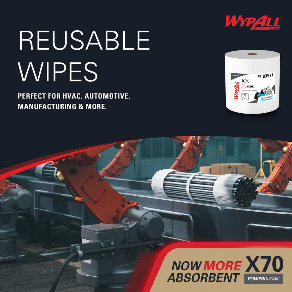 WypAll PowerClean™ X70 Medium Duty Cloths (83571), Wipers in a Bucket Refill, Long Lasting Towels, White - 83571