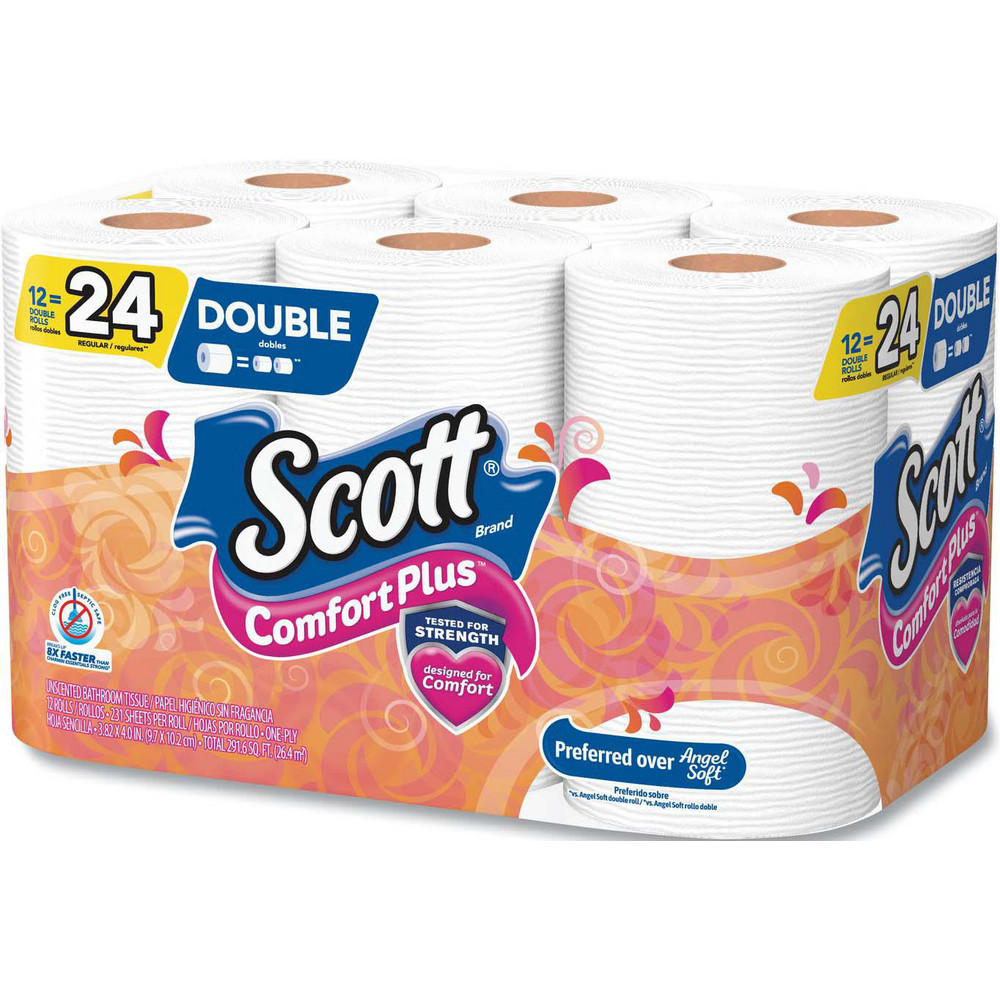 Scott ComfortPlus Toilet Paper, Double Roll, Bath Tissue, Septic Safe, 1-Ply, White, 231 Sheets/Roll, 12 Rolls/Pack, 4 Packs/Carton - KCM47618