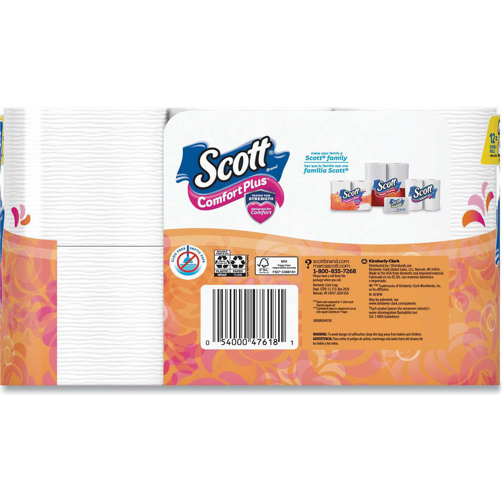 Scott ComfortPlus Toilet Paper, Double Roll, Bath Tissue, Septic Safe, 1-Ply, White, 231 Sheets/Roll, 12 Rolls/Pack, 4 Packs/Carton - KCM47618