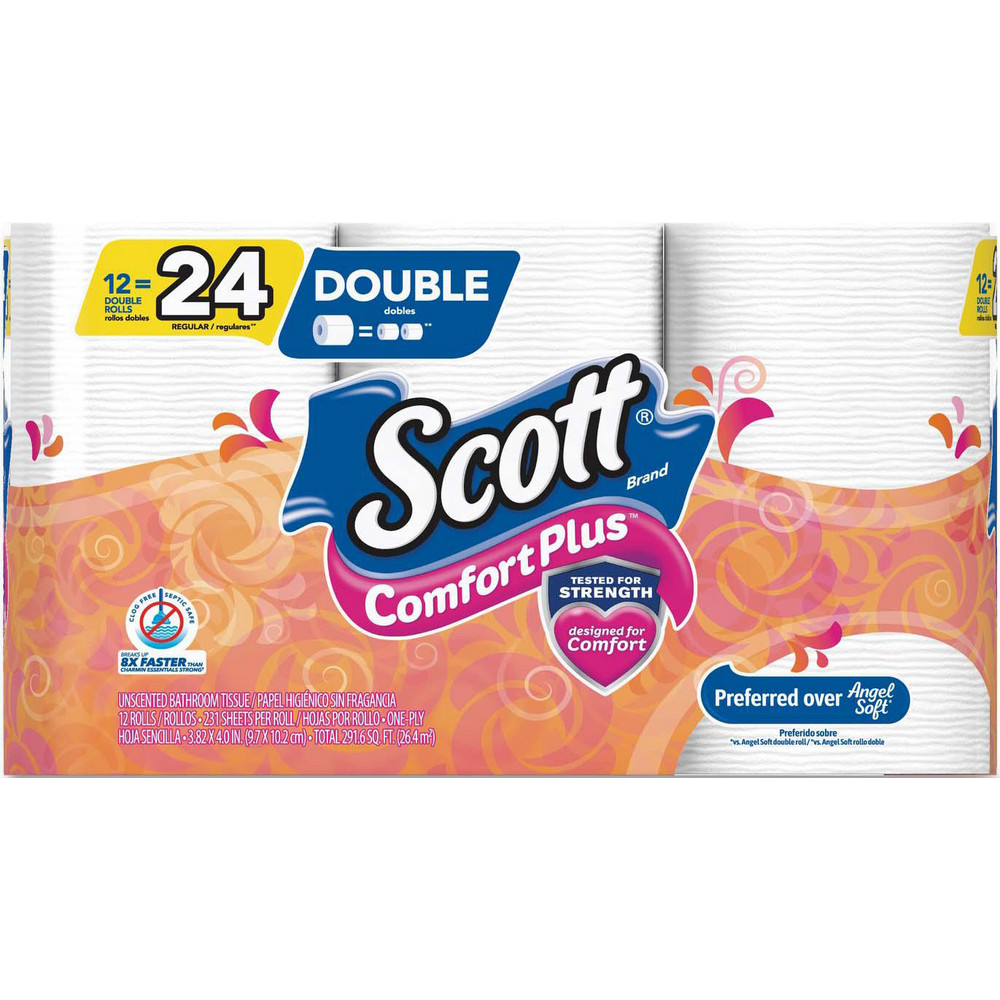 Scott ComfortPlus Toilet Paper, Double Roll, Bath Tissue, Septic Safe, 1-Ply, White, 231 Sheets/Roll, 12 Rolls/Pack, 4 Packs/Carton - KCM47618