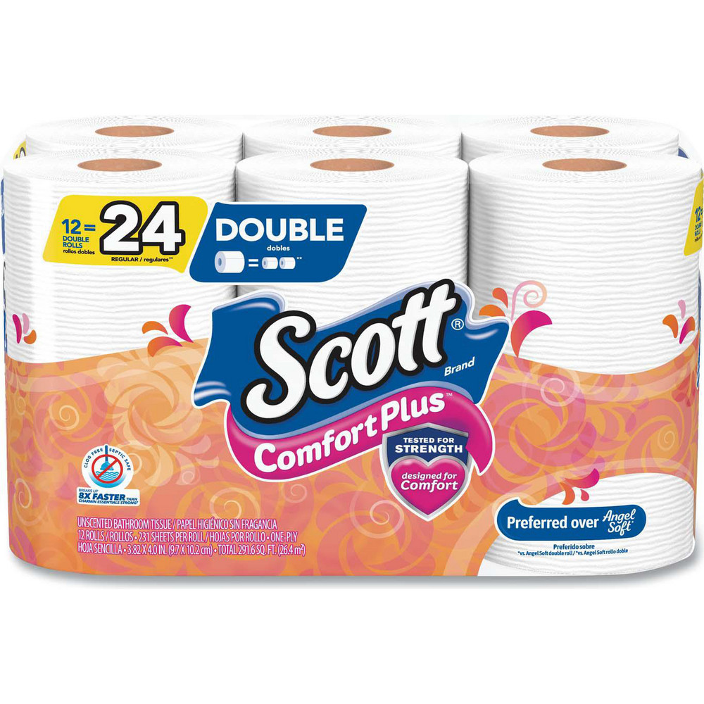 Scott ComfortPlus Toilet Paper, Double Roll, Bath Tissue, Septic Safe, 1-Ply, White, 231 Sheets/Roll, 12 Rolls/Pack, 4 Packs/Carton - KCM47618