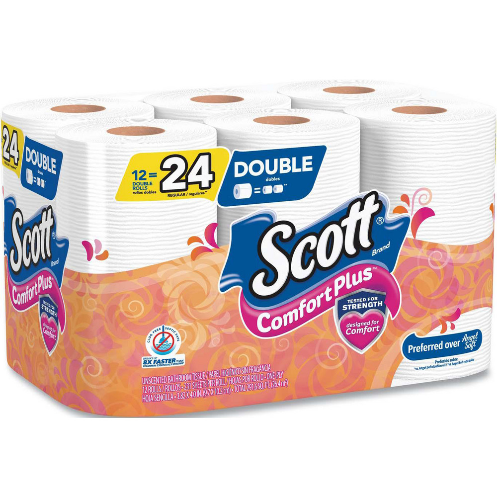 Scott ComfortPlus Toilet Paper, Double Roll, Bath Tissue, Septic Safe, 1-Ply, White, 231 Sheets/Roll, 12 Rolls/Pack, 4 Packs/Carton - KCM47618