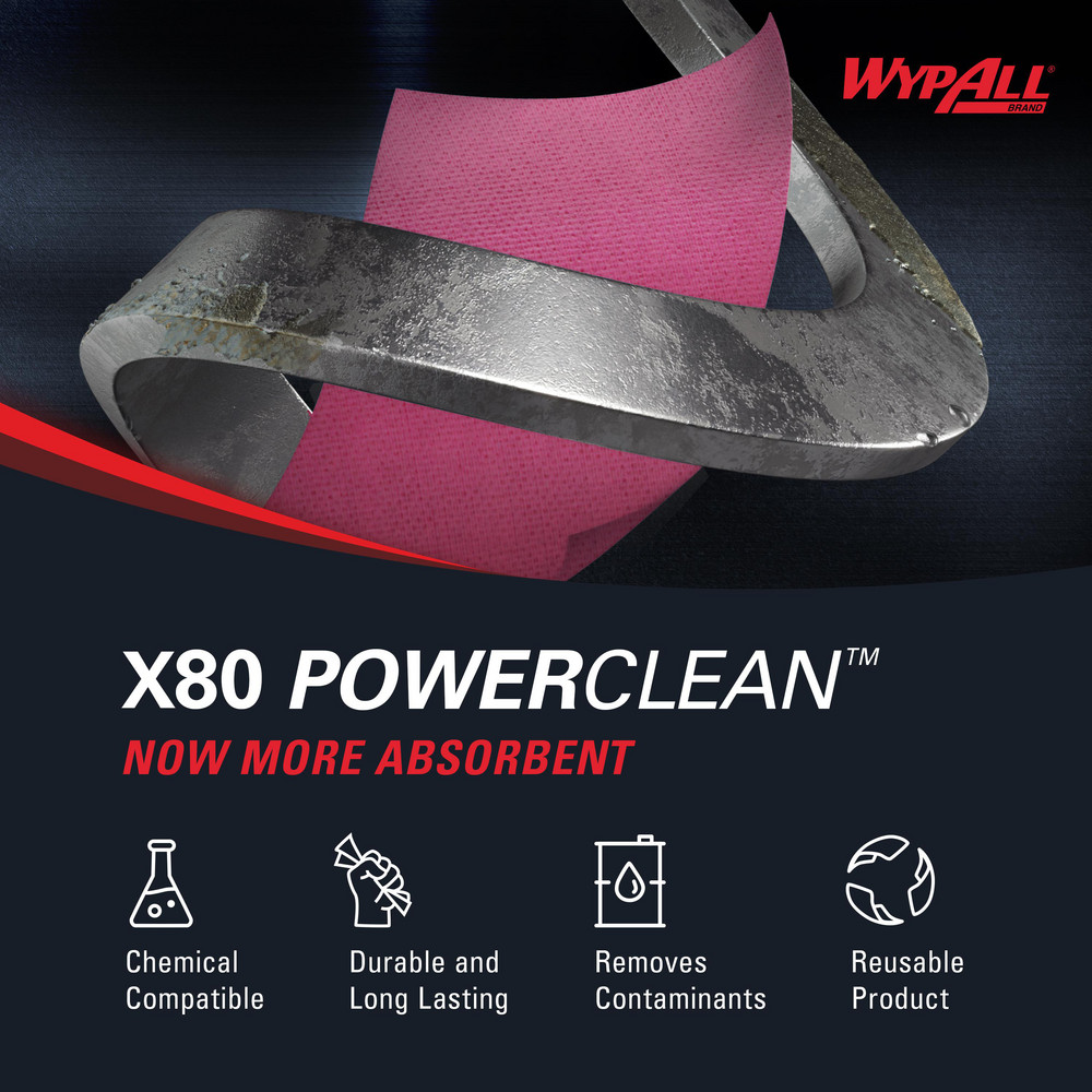 WypAll PowerClean™ X80 Heavy Duty Cloths (41029), Quarterfold, Extended Use Towels, Red - 41029