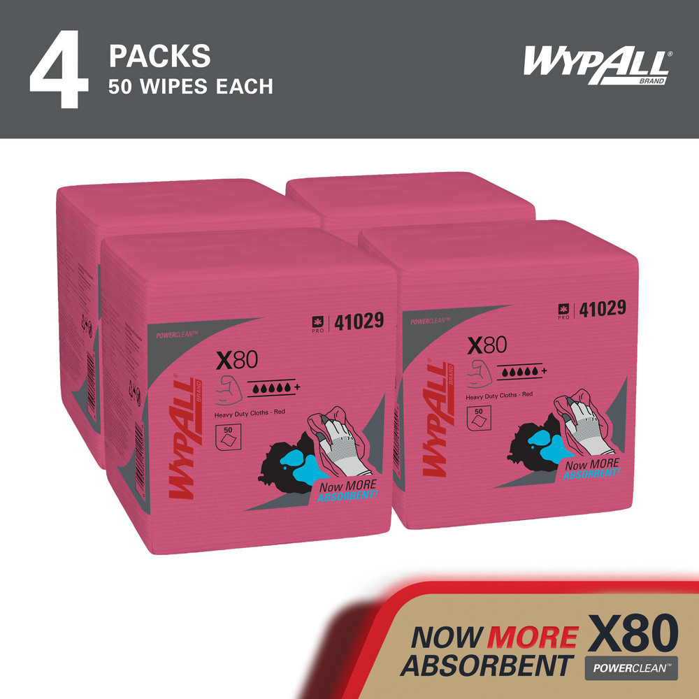 WypAll PowerClean™ X80 Heavy Duty Cloths (41029), Quarterfold, Extended Use Towels, Red - 41029