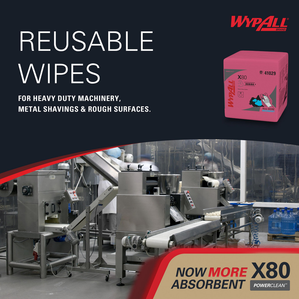 WypAll PowerClean™ X80 Heavy Duty Cloths (41029), Quarterfold, Extended Use Towels, Red - 41029