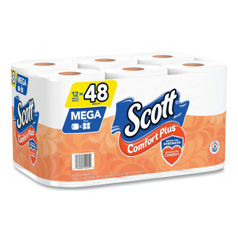 Scott ComfortPlus Toilet Paper, Mega Roll, Septic Safe, 1-Ply, White, 425 Sheets/Roll, 12 Rolls/Pack - KCM54245