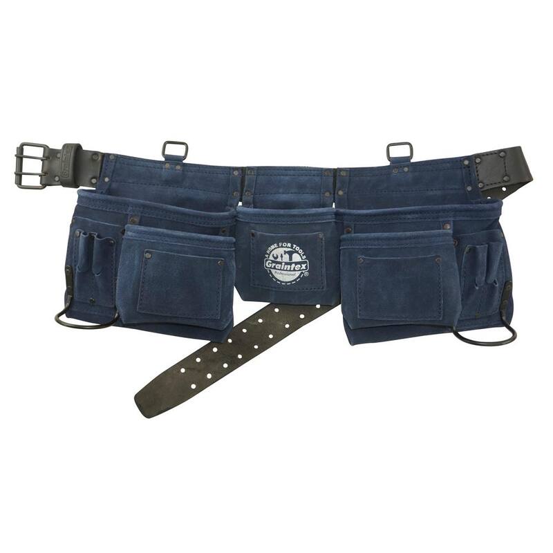 Graintex 11-Pocket Suede Leather Tool Apron in Navy Blue with 2 Hammer Holders and Suspender Hooks - DS2340
