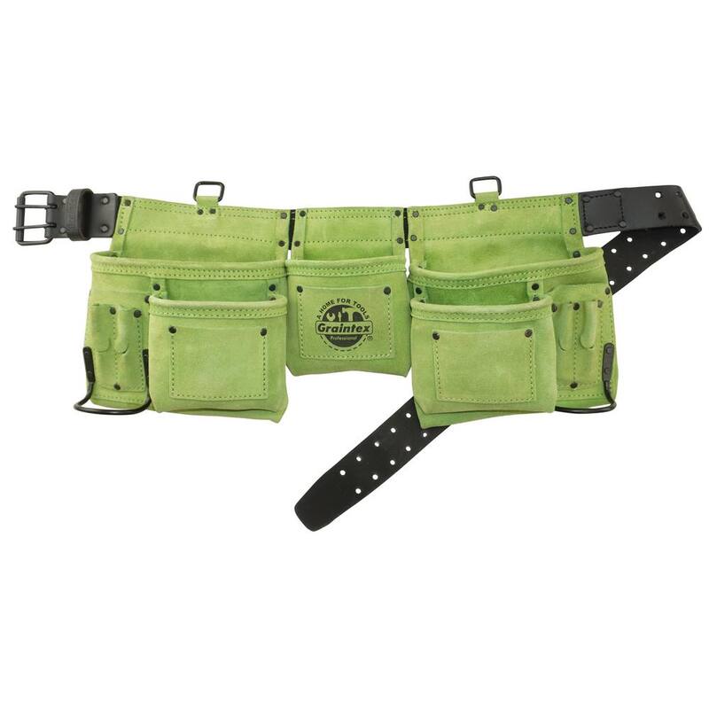 Graintex 11-Pocket Suede Leather Tool Apron in Lime Green with 2 Hammer Holders and Suspender Hooks - DS2356