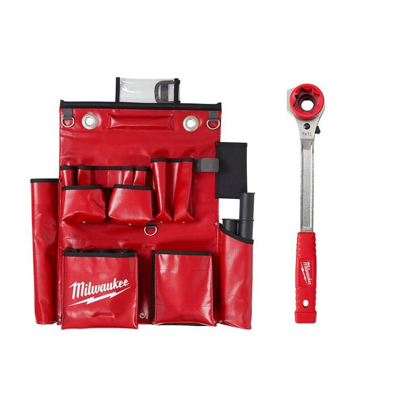Milwaukee Lineman's Compact Aerial Tool Apron with Lineman's High Leverage Ratcheting Wrench with Smooth Strike Face (2-Piece) - 48-22-8291-48-22-9213