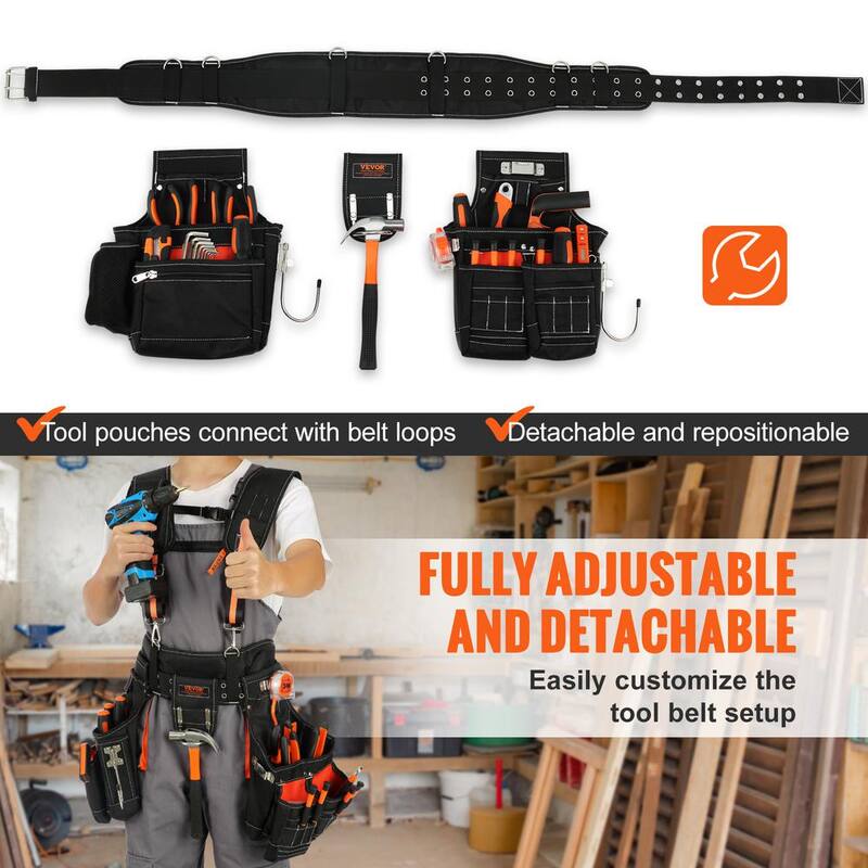 VEVOR Tool Belt with Suspenders 29-Pockets Heavy-Duty Tool Belts 29-54 in. Adjustable Waist Size for Carpenters, Electricians - GJDDDLSJK000NVB9JV0