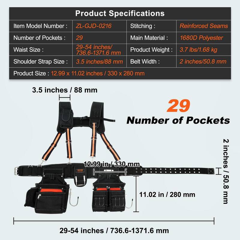VEVOR Tool Belt with Suspenders 29-Pockets Heavy-Duty Tool Belts 29-54 in. Adjustable Waist Size for Carpenters, Electricians - GJDDDLSJK000NVB9JV0