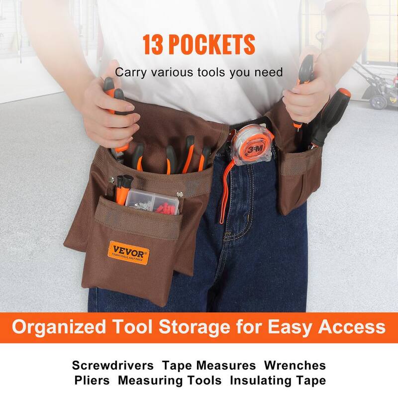 VEVOR Tool Belt 13 Pockets Polyester Heavy-Duty Tool Pouch Bag for Electrician, Carpenter, Handyman Brown - LJSGJYDDL000JEQQ6V0
