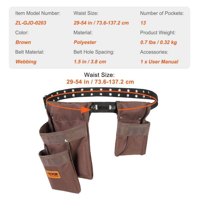 VEVOR Tool Belt 13 Pockets Polyester Heavy-Duty Tool Pouch Bag for Electrician, Carpenter, Handyman Brown - LJSGJYDDL000JEQQ6V0