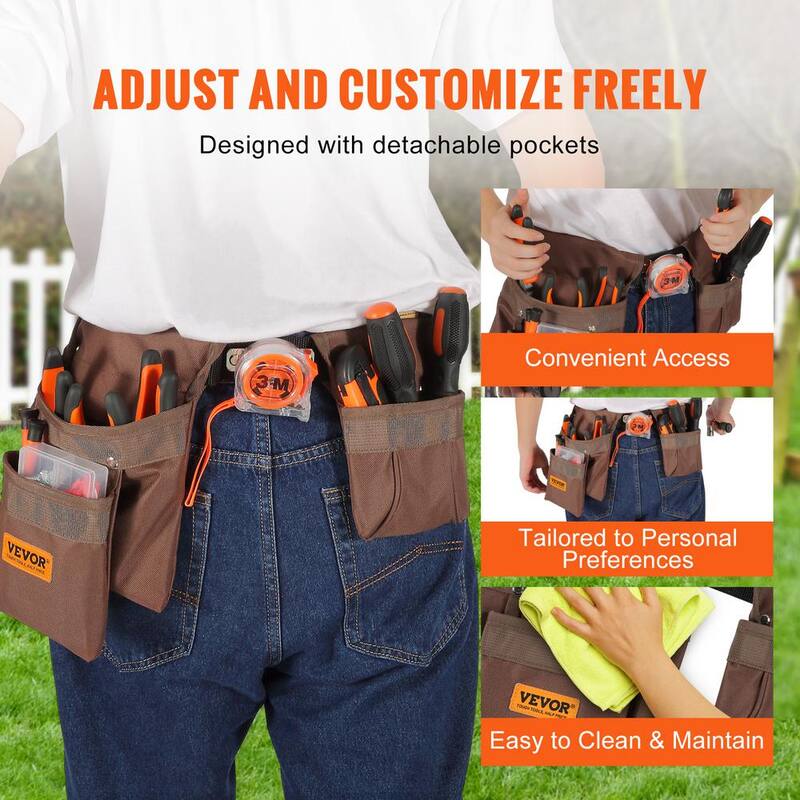 VEVOR Tool Belt 13 Pockets Polyester Heavy-Duty Tool Pouch Bag for Electrician, Carpenter, Handyman Brown - LJSGJYDDL000JEQQ6V0