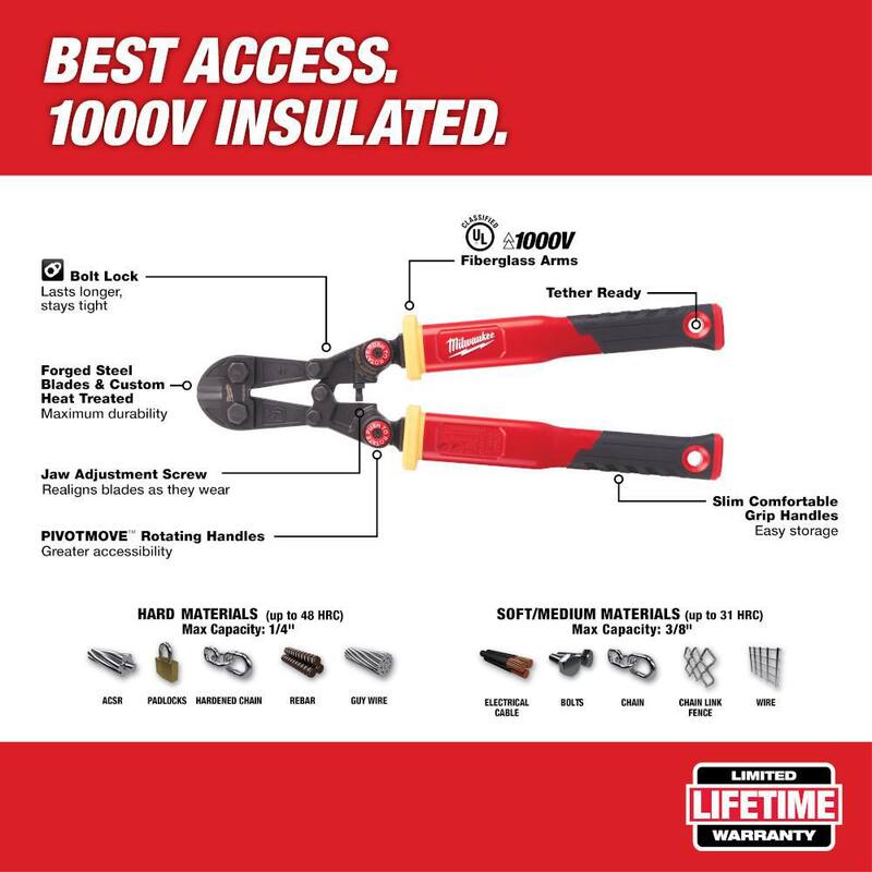 Milwaukee Lineman's Compact Aerial Tool Apron and 18 in. Fiberglass Handle with PIVOTMOVE Rotating Handles Bolt Cutter - 48-22-4218-48-22-8291