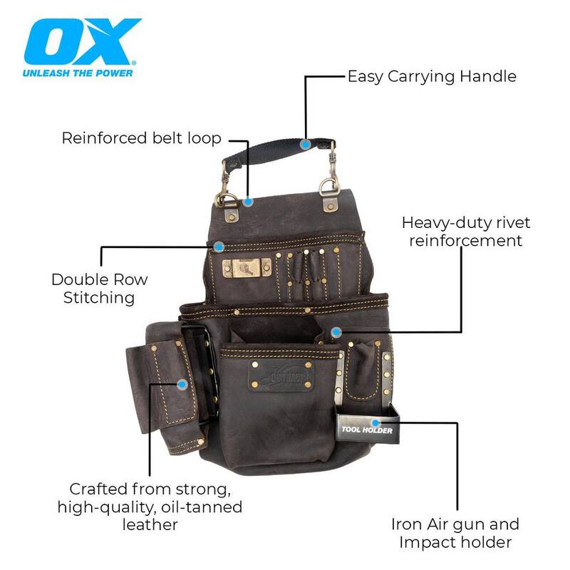 OX TOOLS Pro Oil Tanned 14-Pocket Top Grain Pouch with Air Gun Holder - OX-P263514