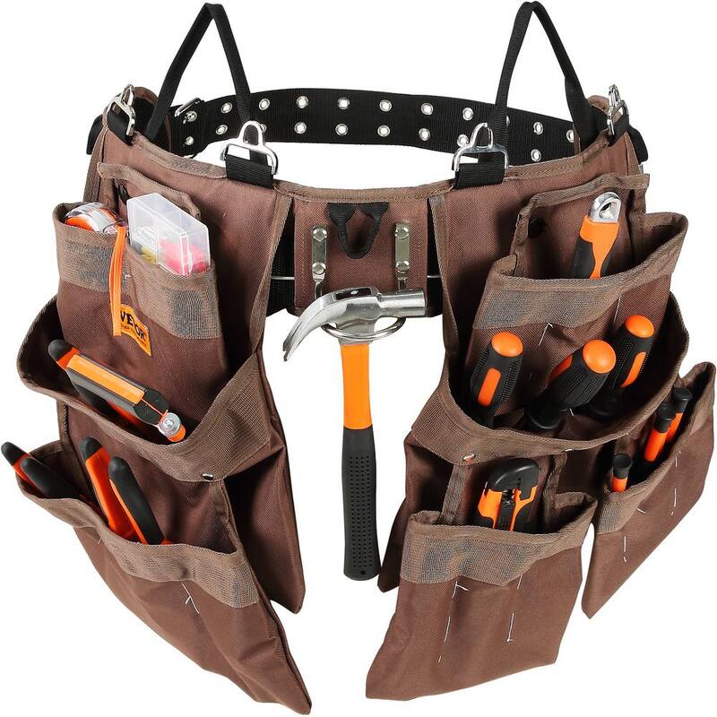 VEVOR Tool Belt 19 Pockets Polyester Heavy-Duty Tool Pouch Bag Adjusts from 32 in. to 54 in. Brown - SJSGJYDSZSDL2845WV0