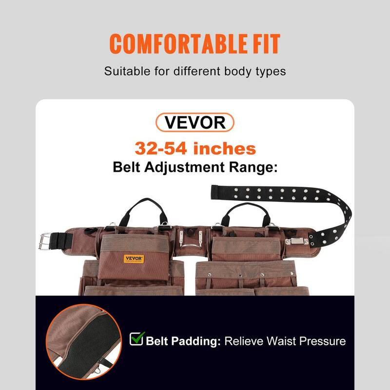 VEVOR Tool Belt 19 Pockets Polyester Heavy-Duty Tool Pouch Bag Adjusts from 32 in. to 54 in. Brown - SJSGJYDSZSDL2845WV0