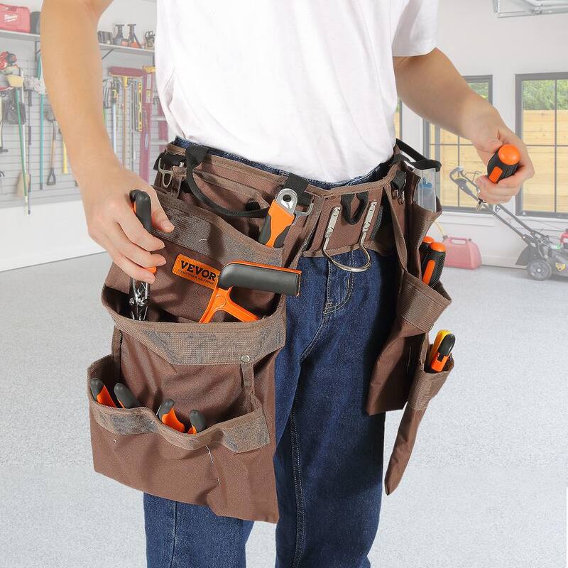 VEVOR Tool Belt 19 Pockets Polyester Heavy-Duty Tool Pouch Bag Adjusts from 32 in. to 54 in. Brown - SJSGJYDSZSDL2845WV0