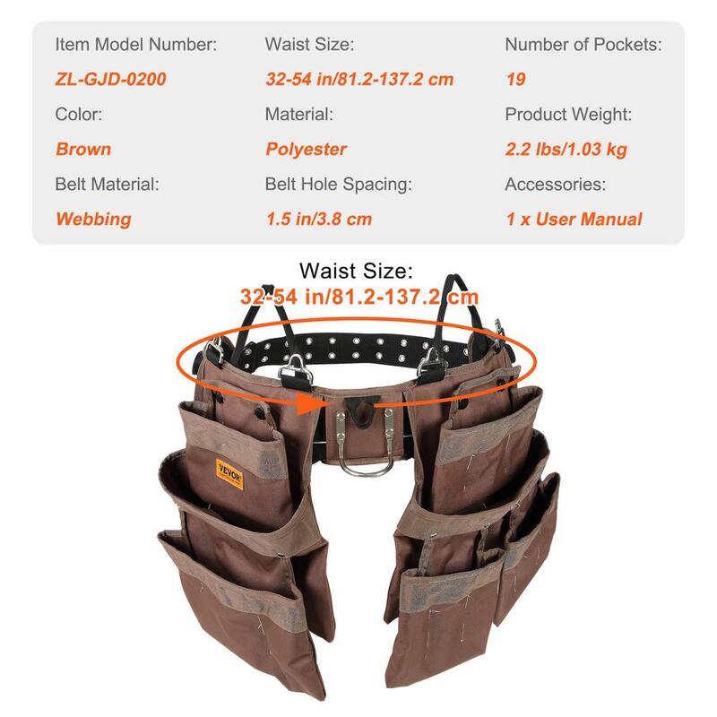 VEVOR Tool Belt 19 Pockets Polyester Heavy-Duty Tool Pouch Bag Adjusts from 32 in. to 54 in. Brown - SJSGJYDSZSDL2845WV0