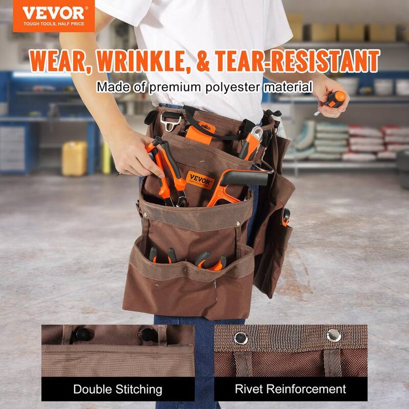 VEVOR Tool Belt 19 Pockets Polyester Heavy-Duty Tool Pouch Bag Adjusts from 32 in. to 54 in. Brown - SJSGJYDSZSDL2845WV0