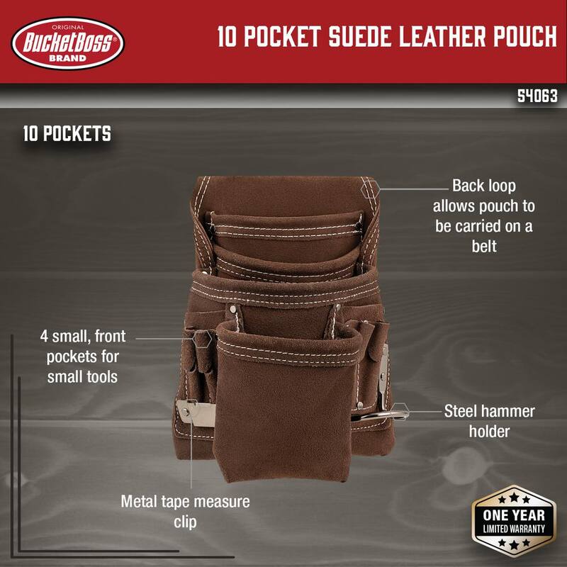 BUCKET BOSS 10 Pocket Suede Leather Work Tool Belt Pouch with Steel Hammer Loop and Tape Measure Holder - 54063