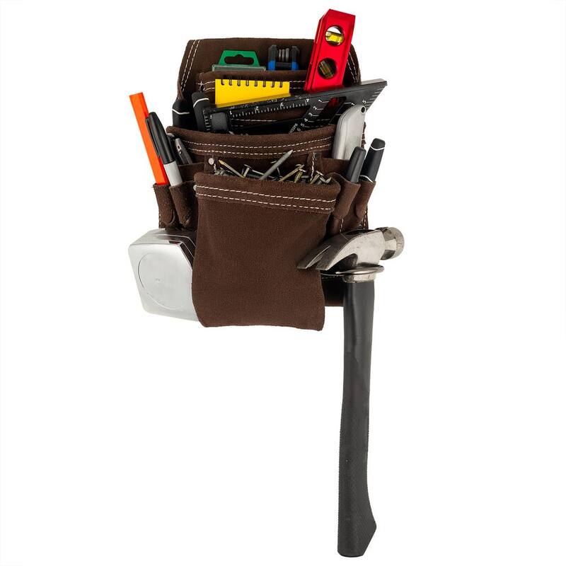 BUCKET BOSS 10 Pocket Suede Leather Work Tool Belt Pouch with Steel Hammer Loop and Tape Measure Holder - 54063