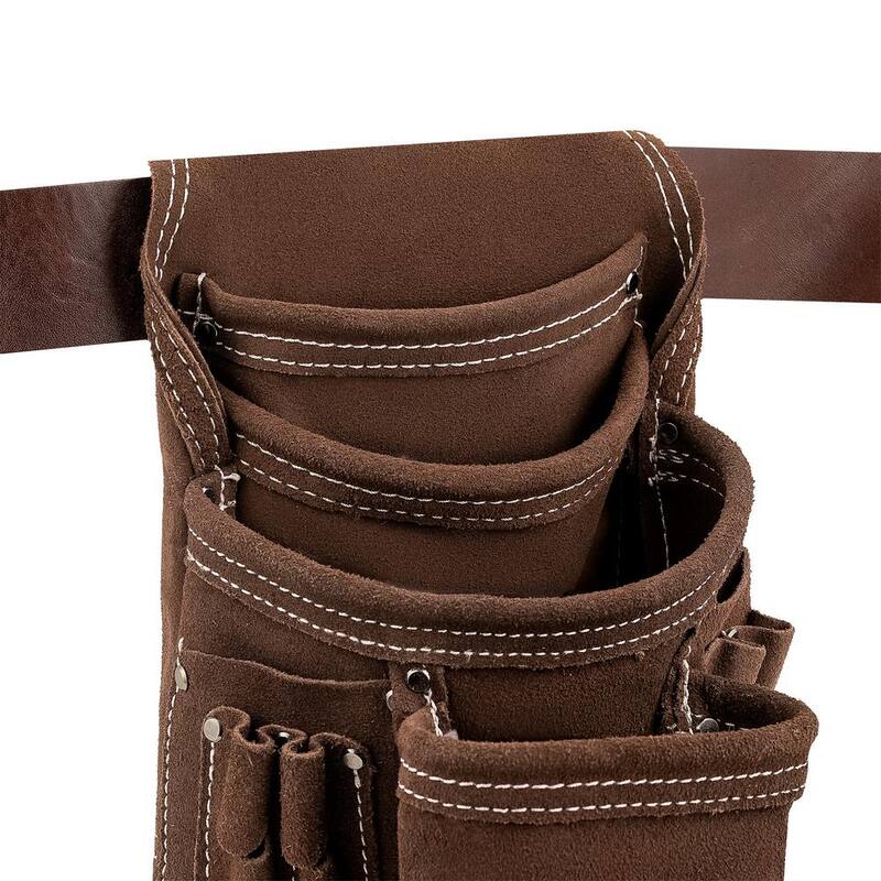 BUCKET BOSS 10 Pocket Suede Leather Work Tool Belt Pouch with Steel Hammer Loop and Tape Measure Holder - 54063