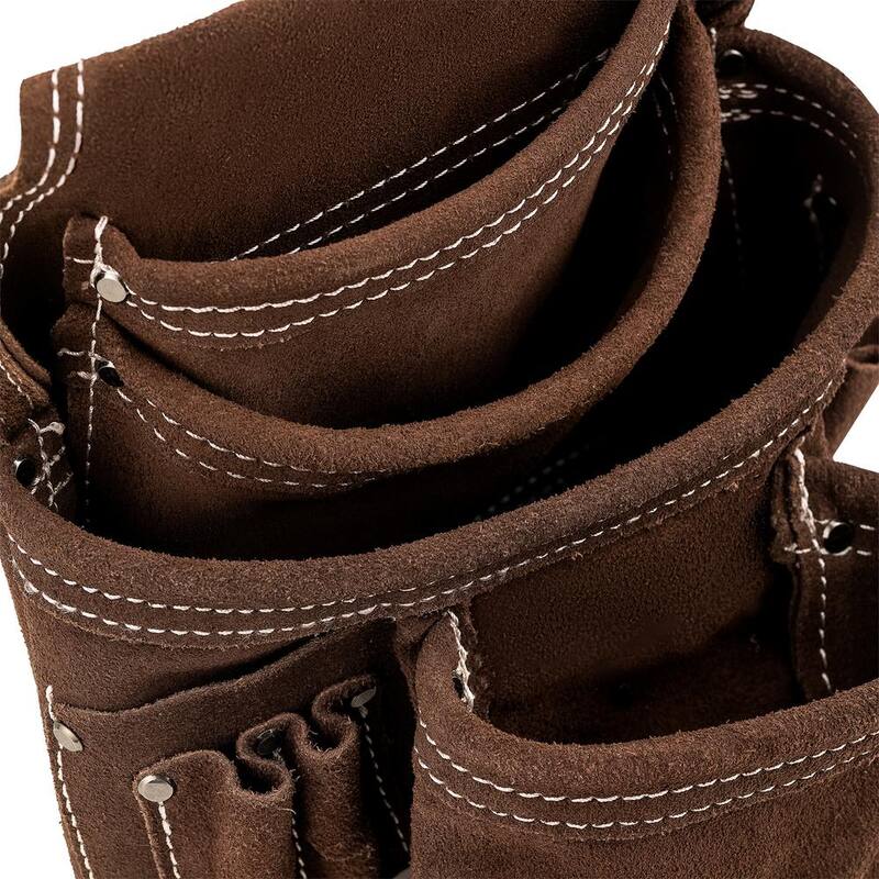 BUCKET BOSS 10 Pocket Suede Leather Work Tool Belt Pouch with Steel Hammer Loop and Tape Measure Holder - 54063