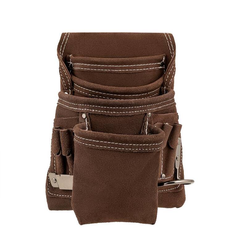 BUCKET BOSS 10 Pocket Suede Leather Work Tool Belt Pouch with Steel Hammer Loop and Tape Measure Holder - 54063