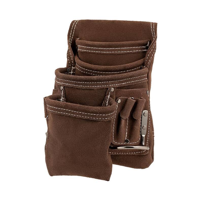BUCKET BOSS 10 Pocket Suede Leather Work Tool Belt Pouch with Steel Hammer Loop and Tape Measure Holder - 54063