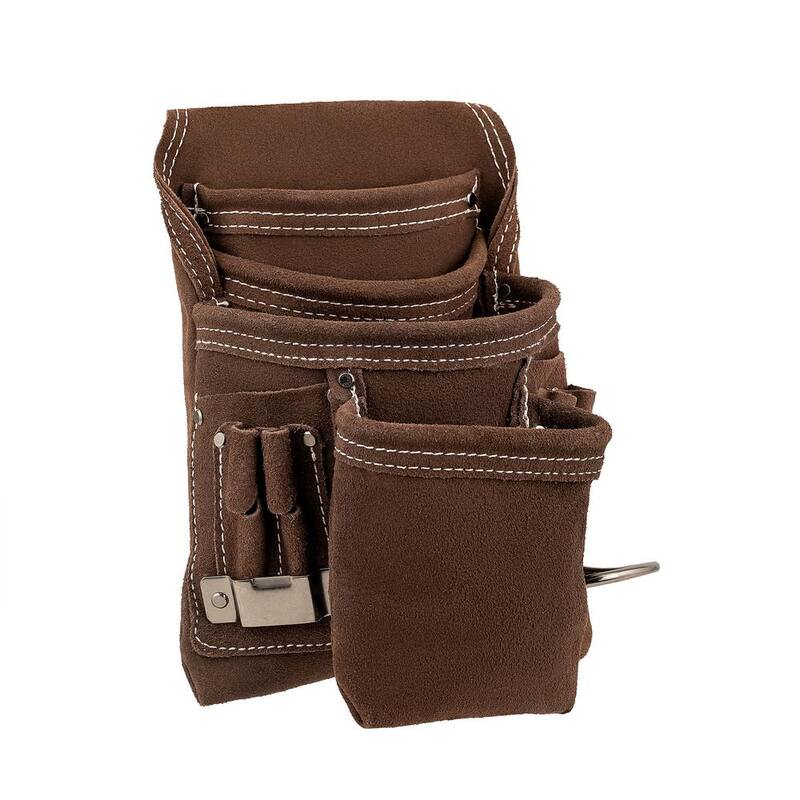 BUCKET BOSS 10 Pocket Suede Leather Work Tool Belt Pouch with Steel Hammer Loop and Tape Measure Holder - 54063