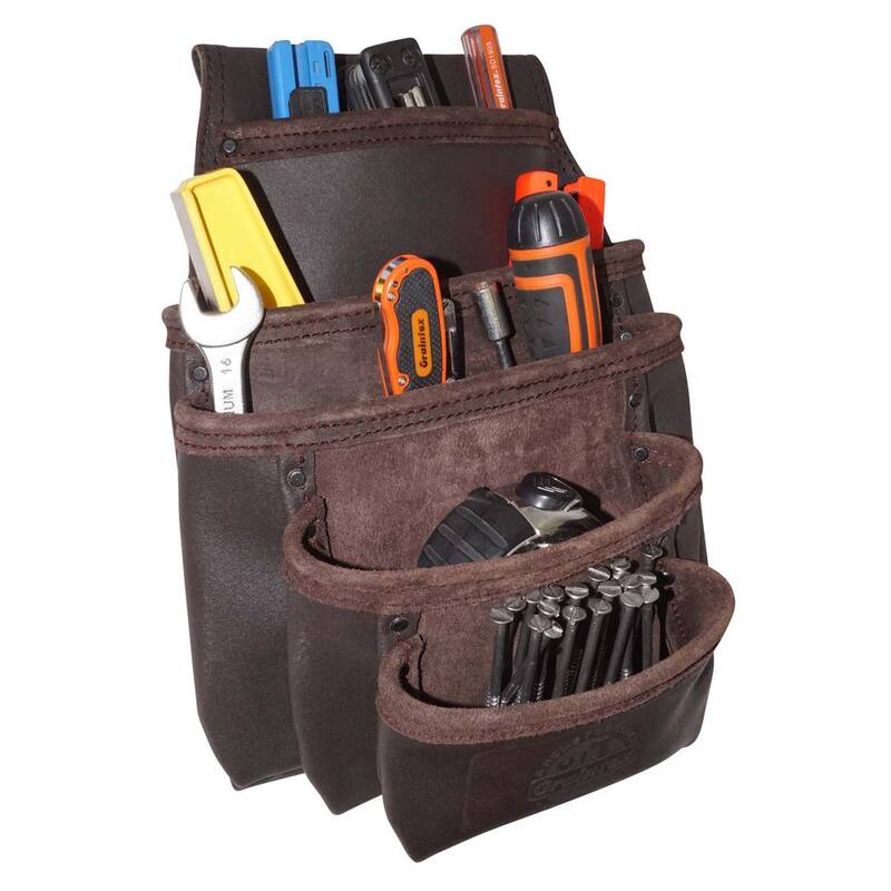 Graintex 5-Pocket Oil Tanned Leather Nail and Tool Pouch in Dark Brown - OS2052