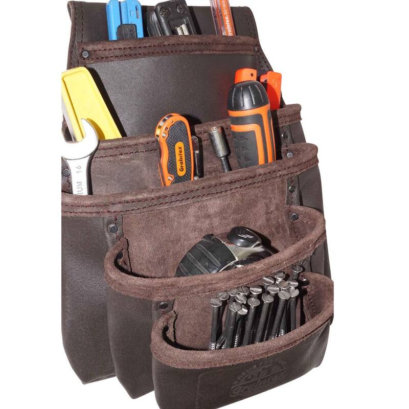 Graintex 5-Pocket Oil Tanned Leather Nail and Tool Pouch in Dark Brown - OS2052