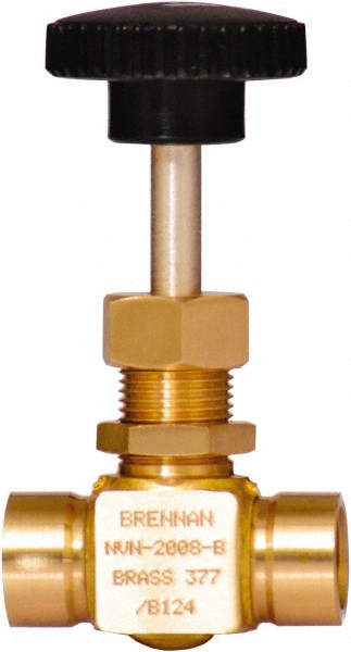 Brennan Needle Valve: Straight, 3/8" Pipe, Brass Body, Polytetrafluoroethylene Seal - NVN-2035-B